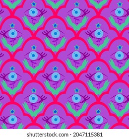 Abstract Colorful Hand Drawing Moroccan Argyle Shapes with Horus Eyes Praying Hands and Stars Seamless Vector Pattern Isolated Purple Background