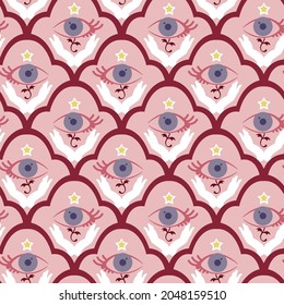 Abstract Colorful Hand Drawing Moroccan Argyle Shapes with Horus Eyes Praying Hands and Stars Seamless Vector Pattern Isolated Pink Background