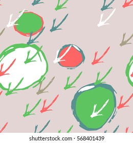 Abstract colorful hand drawn background with irregular structure of rough circles and diagonal arrows. Repeating texture with stylized child's drawings perfect for wallpapers. Vector seamless pattern.