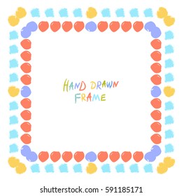 Abstract colorful hand drawn frame made of circles. Square vector border with rouind brush strokes. Cartoon style