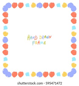 Abstract colorful hand drawn frame. Square vector border with circle brush strokes. Cartoon style