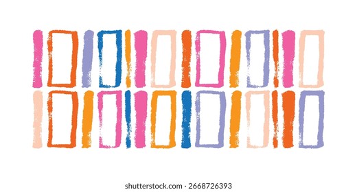 Abstract Colorful Hand Drawn Rectangular Frames in Seamless Pattern. Bright rainbow doodle border design for kids, scrapbooking, and creative stationery.