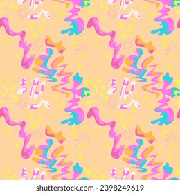 Abstract colorful hand drawn vector pattern with wave lines, shapes, stars and dots