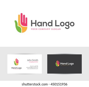 Icono abstracto de mano colorida y dos plantillas de diseño de tarjetas de visita. Se puede utilizar como logotipo para el concepto de empresa creativa