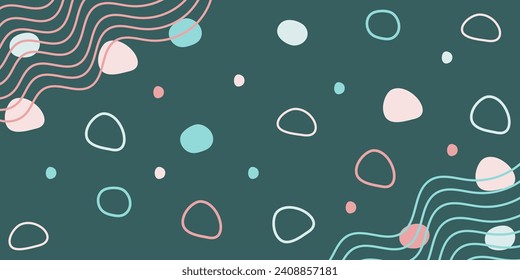 Abstract colorful hand-drawn design with chaotic multicolored spots, lines doodles on green background. Bright pink and blue vector illustration for cards, business, banners, textile