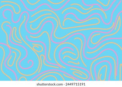 Abstract colorful hand-drawn doodle pattern with geometric wave lines on blue background. Bright vector illustration for cards, business, banners, textile	