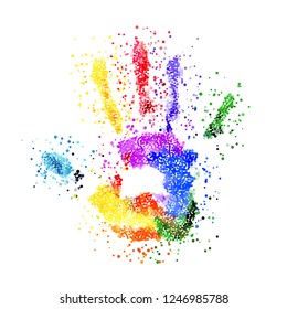 Abstract Colorful Handprint of Dots. Rainbow Colors Dots Shape of a Hand and Fingers on White Background