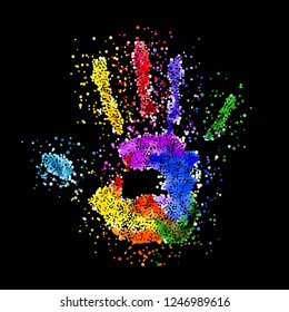 Abstract Colorful Handprint of Dots. Rainbow Colors Dots Shape of a Hand and Fingers on Black Background