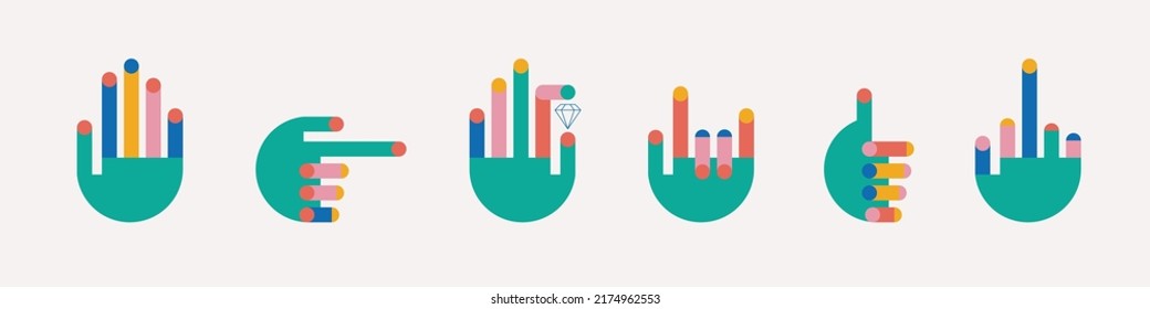 Abstract colorful Hands. Different positions, various gestures. Geometric minimal design. Modern colored Vector illustration. All elements are isolated. Logo, poster, print, design templates