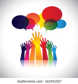 abstract colorful hands of people requesting help, assistance. This vector graphic also represents person seeking love, care, aid, soccour, support, etc