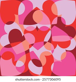 Abstract colorful heart collage with overlapping shapes in red, pink, and orange tones. Modern romantic background perfect for Valentine's Day or love-themed designs.