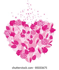 abstract colorful heart from flowers, leaves, gifts and magic stars