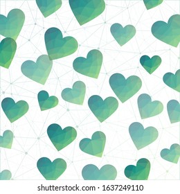 Abstract colorful hearts background. Polygonal hearts in blue green yellow colors. Amazing digital design. Appealing vector illustration.