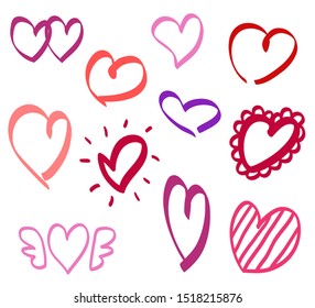 Abstract colorful hearts on isolated white background. Hand drawn collection. Colored illustration. Sketchy elements