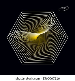 Abstract Colorful Hexagonal Graphic Element in Yellow Tones on Black Background. Modern Op Art Illustration. EPS8.