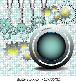 Abstract colorful high tech design with blue rounded frame, cogwheels and other small elements. Technology background
