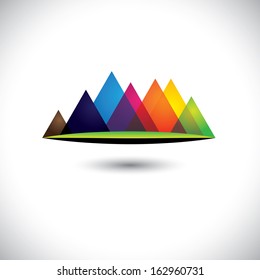 abstract colorful hills & mountain ranges & grassland icon. The vector graphic is made of many pyramid shaped hillocks and green land at the bottom