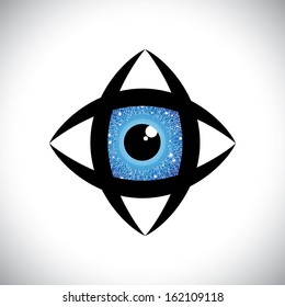 abstract colorful human eye icon with electronic circuit in iris. The vector graphic represents concept of futuristic, robot like, modern eye with blue iris