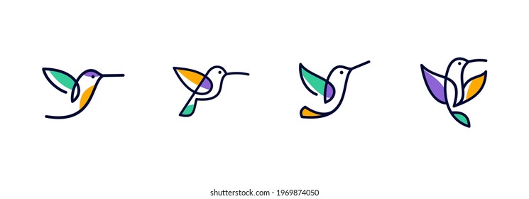 abstract colorful hummingbird vector line art, colibri wall art design, minimal bird line logo icon illustration isolated on white background
