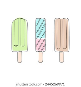 Abstract colorful ice cream continuous one line drawing set isolated on white background. Hand drawn summer cold dessert minimal design art, confectionery concept. Vector restaurant menu illustration