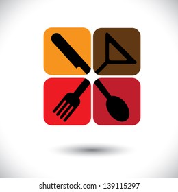 Abstract Colorful Icons Of Spoon,knife,fork & Glass- Vector Graphic. This Illustration Represents Signs And Symbols For Hotel, Restaurants, Food Blogs, Websites, Etc