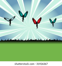 Abstract colorful illustration with angels flying above a city. Angels with colorful wings