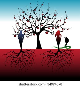 Abstract colorful illustration with apple tree, snake and a man with a woman with roots instead of feet. Adam and Eve concept