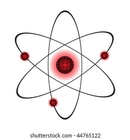 Abstract colorful illustration of an atom with small red spheres