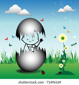 Abstract colorful illustration with a baby coming out from an egg in the middle of a green field surrounded by flowers and colorful butterflies