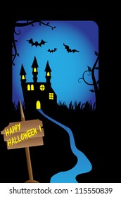Abstract colorful illustration with bats flying over an ancient castle. Halloween concept