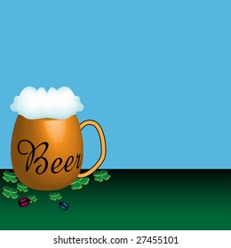 Abstract colorful illustration with beer cup, four leaf clovers and small ladybirds