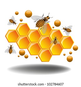 Abstract colorful illustration with bees and honeycomb filled with fresh honey