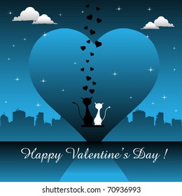 Abstract colorful illustration with a black cat and a white cat standing near each other and thinking on romantic things. Valentine Day theme