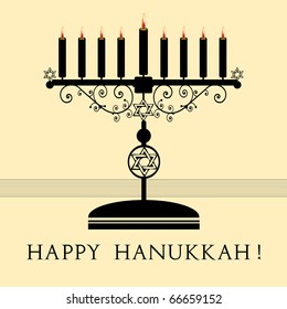 Abstract colorful illustration with black menorah with nine candles and the text Happy Hanukkah written under the candle holder