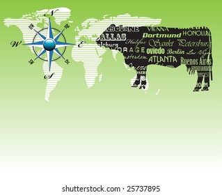 Abstract colorful illustration with blue compass, world map and a black cow shape with the name of some major cities written all over the cow