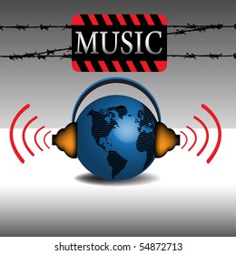 Abstract colorful illustration with blue earth globe and headphones. Music concept, earth listening the same music