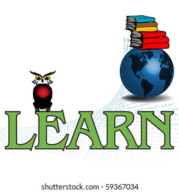 Abstract colorful illustration with blue globe, colorful books and an owl standing on the learn word. Learning concept