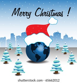 Abstract colorful illustration with blue globe surrounded by small fir trees and covered by a red cap. Christmas theme
