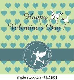 Abstract colorful illustration with blue hearts, white butterflies and a cupid silhouette preparing his arrow and bow. Saint Valentine theme