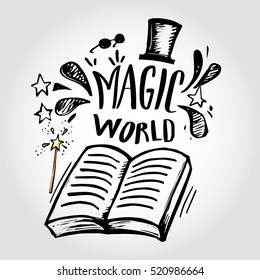Abstract colorful illustration for books. background with vector hand drawing illustration for boys and girls.Calligraphic text Magi world, wand, stars, hat gentleman, sunglasses. Modern t shirt style