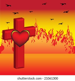 Abstract colorful illustration with burning fire, black crows flying, red cross and red heart shape