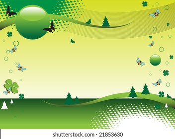 Abstract colorful illustration with butterfly shapes, green fir trees, green bubbles, small circles, clovers and small bees