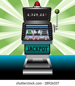 Abstract colorful illustration with casino slot machine and the word jackpot written on the lower side of the machine