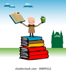 Abstract colorful illustration with child standing above huge books and holding an apple and a book in his hands. Back to school concept