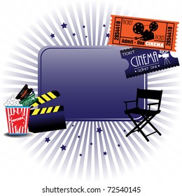 Abstract colorful illustration with cinema tickets, director chair, clapboard and popcorns