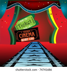 Abstract colorful illustration with cinema tickets and colorful curtains of a cinema stage