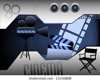 Abstract colorful illustration with clapboard, movie projector, film strip and a director chair. Cinema theme