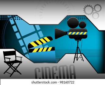 Abstract colorful illustration with clapboard, movie director chair, movie projector and various film related elements. Cinema concept