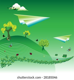 Abstract colorful illustration with clouds, birds, bees, butterflies, clovers and two paper planes. Summer concept
