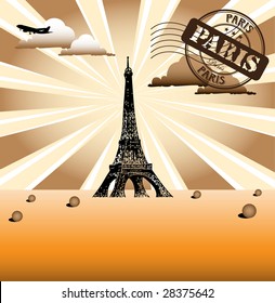 Abstract colorful illustration with clouds, plane, a rubber stamp with the name Paris written inside the stamp and the Eiffel Tower shape in the middle of the image